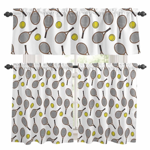 Club Style Tennis Kitchen Curtains Valance and Tier Set Sports Themes Yellow Tennis Athletics Art Rod Pocket Short Curtains for Small Window 3 Pieces Set for Bedroom Cafe (54" x 18"+27" x 24")