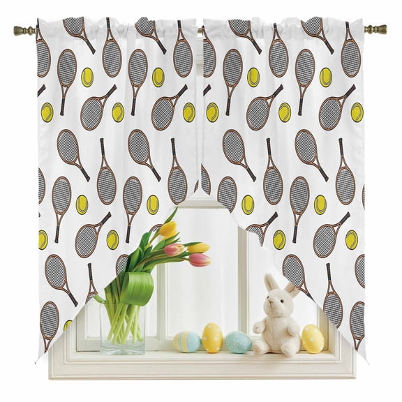 Club Style Tennis Swag Kitchen Curtain Valances, Sports Themes Yellow Tennis Athletics Art Rod Pocket Curtains Window Treatment Decor Valances for Bedroom Bathroom, 2 Panels 28 x 36 Inch