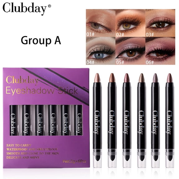 Clubday 6Pcs Metallic Shimmer Eyeshadow Stick Set, Waterproof Cream Eyeshadow Pencil, Long Lasting Smudge-Proof Highlighter Stick for Eye Makeup & Inner Corner Brightening