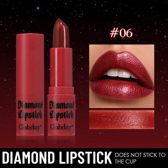 Clubday Diamond Glitter Lipstick, Deep Burgundy Metallic Shimmer Lipstick, Creamy Comfort Non-Stick Cup Lip Makeup
