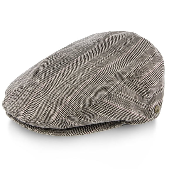 Walrus Hats Clubhouse Grey & Brown Plaid Linen Ivy Cap - Lightweight Men's Golf Flat Cap, Breathable Plaid Drivers Hat with Snap Brim