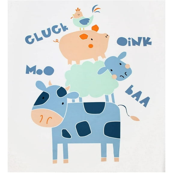Cluck Moo Oink Baa Stacked Critters White 36" Panel 100% Cotton Fabric Sold by the Panel