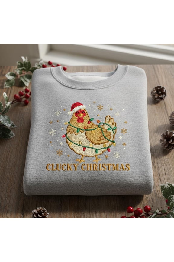 Clucky Christmas Embroidered Sweatshirt, Funny Chicken Sweater, Farm Animal Holiday Crewneck, Chicken Mom Gift, Cute Poultry