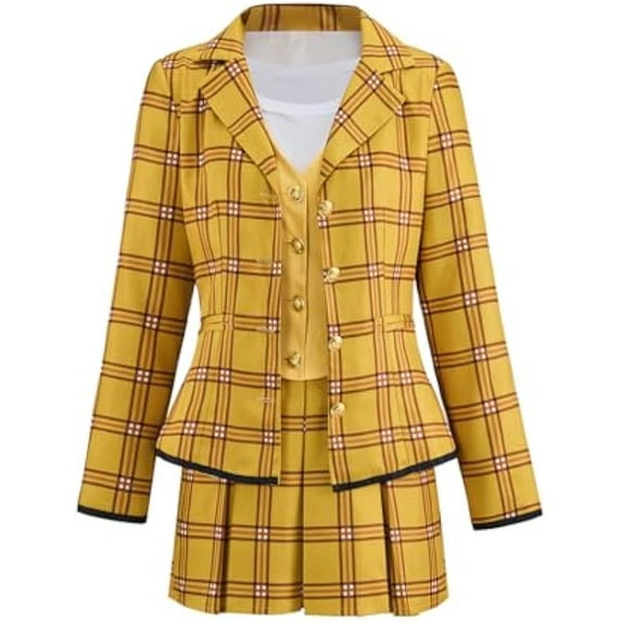 Clueless Cher Cloth Women's Yellow Plaid School Uniform Suit Jacket Shirt Vest Skirt Set Halloween Outfit