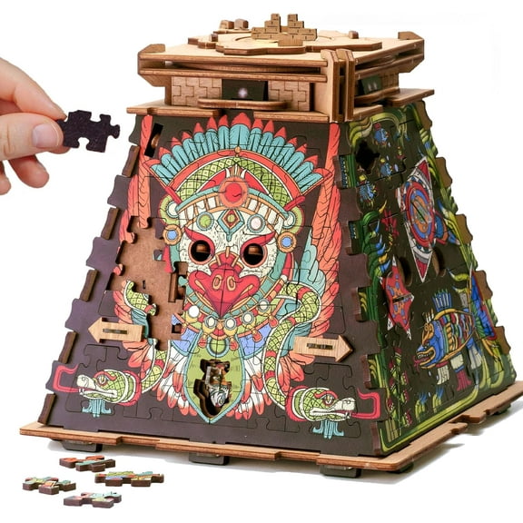 Cluepuzzle Pyramid of The Sun | Wooden 3D Puzzle & Escape Room Box | Sequential Riddles with Hidden Treasure | Fun Family Game Night Activity for Ages 10+