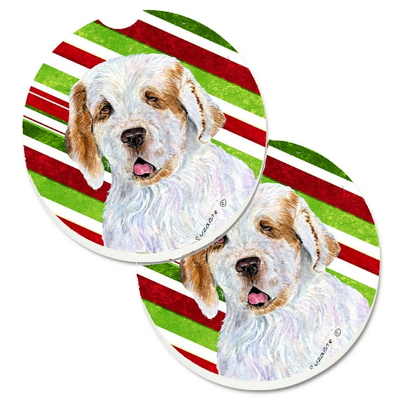 Clumber Spaniel Candy Cane Holiday Christmas Set of 2 Cup Holder Car Coasters