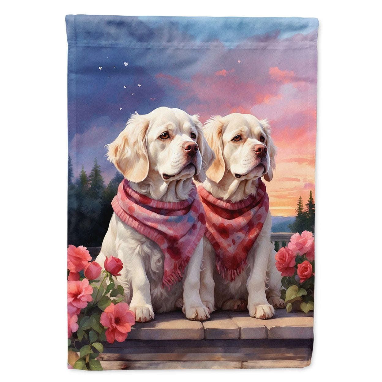 Clumber Spaniel Two Hearts House Flag