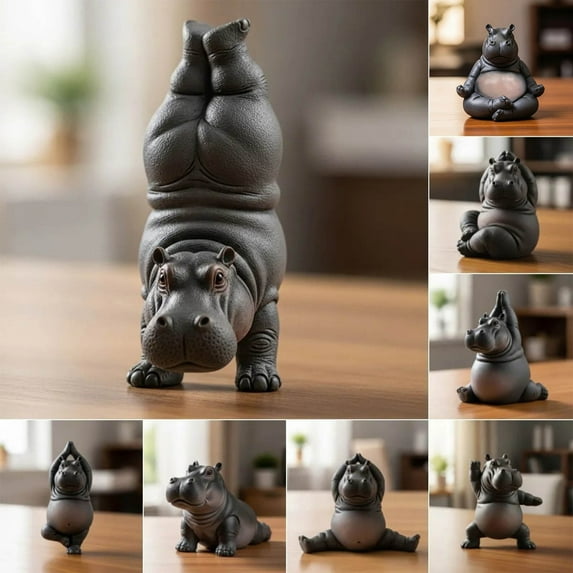 Clumsy Yoga Hippo Resin Figurine, Amusing Animal Sculpture for Desk Decor, Bookshelf Display, and Whimsical Home Office Accent