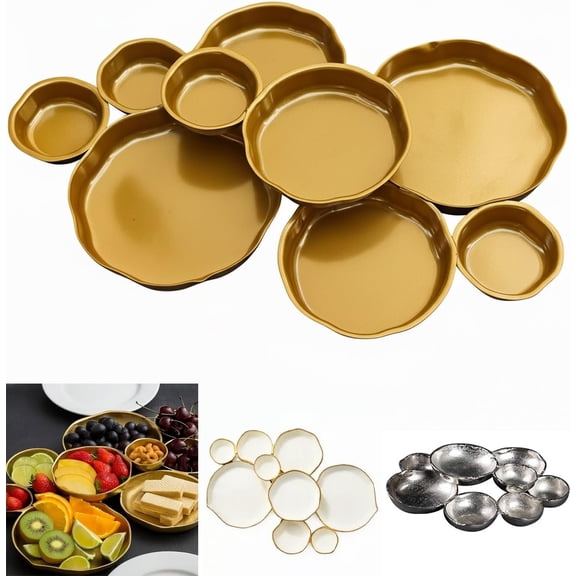 Cluster Accent Bowls, Shiny Gold Snack and Appetizer Serving Dish, Cluster of 9 Round Serving Bowls Decorative Elegant Snack Tray for Olives, Chip & Dip, Nuts, Appetizers(White)