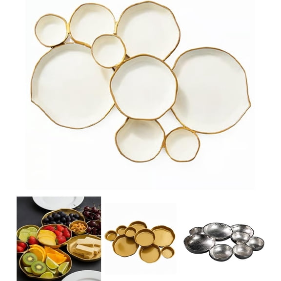 Cluster Accent Bowls, Shiny Gold Snack and Appetizer Serving Dish, Cluster of 9 Round Serving Bowls Decorative Elegant Snack Tray for Olives, Chip & Dip, Nuts, Appetizers(White)