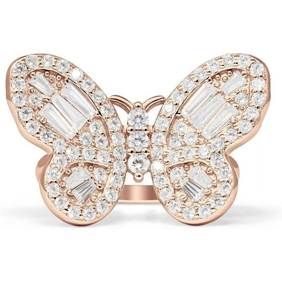Cluster Butterfly Ring Baguette Cubic Zirconia Rose Tone 925 Sterling Silver, Size 7