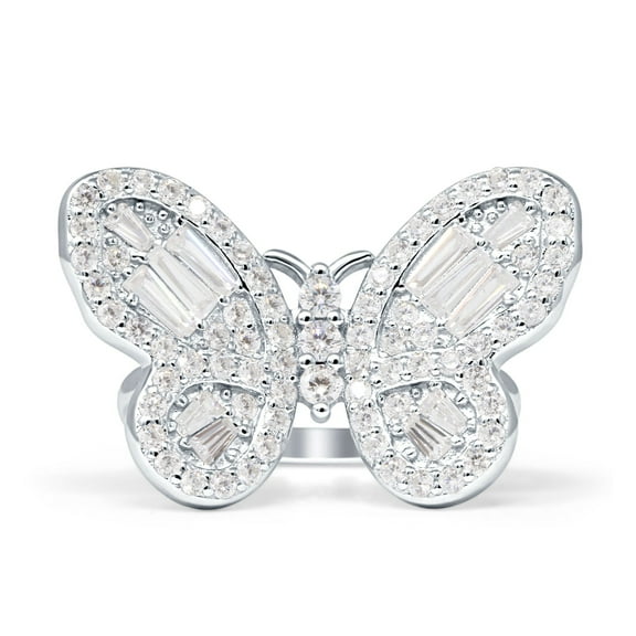 Cluster Butterfly Ring Baguette Cubic Zirconia White Tone 925 Sterling Silver, Size 5