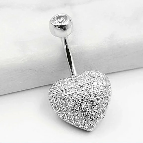 Cluster Charm 2Ct Round Cut Simulated Diamond Heart Belly Button Navel Ring 14K White Gold Plated Silver