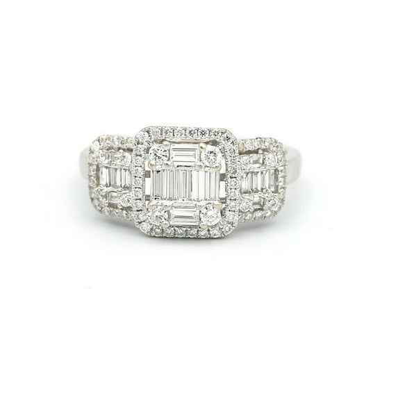 Cluster Diamond Engagement Ring, Round And Baguette Cut Diamond Ring, Solitaire With Accents Ring, Illusion Setting Diamond Ring, Square Halo Ring, 925 Sterling Silver, 2.3 Ct Simulated Diamond