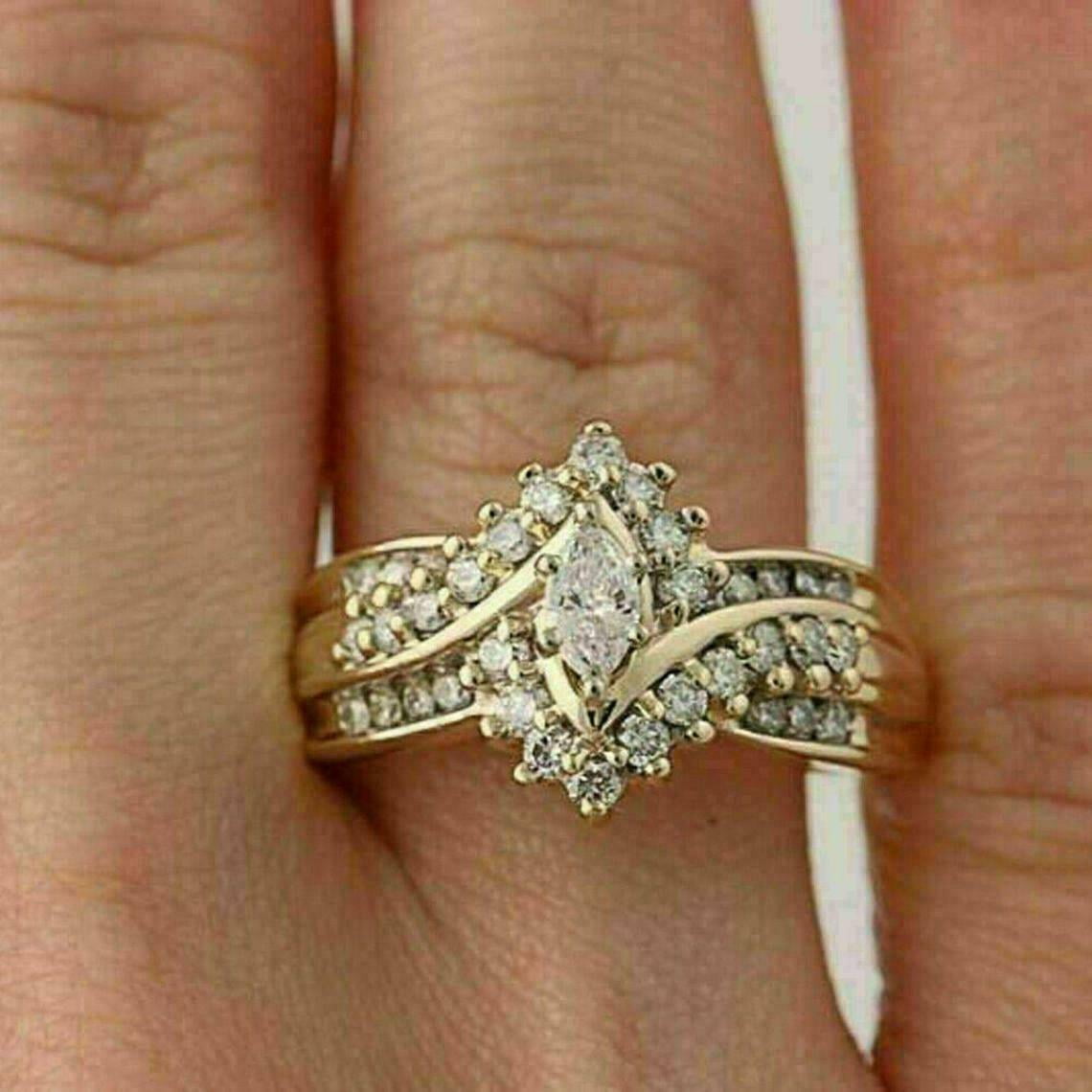 Cluster Engagement Women's Ring 14K Yellow Gold Plated White Marquise ...