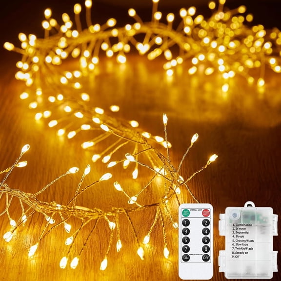 Cluster Fairy Lights, 19.6FT 200LED Silver Wire Firecracker Garland String Lights Battery Operated with Remote Timer for Outdoor Indoor Home Bedroom Wedding Christmas Party Decor