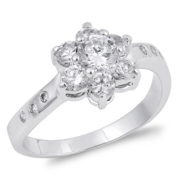 Cluster Flower Center Cubic Zirconia Ring Sterling Silver 925 Size 6