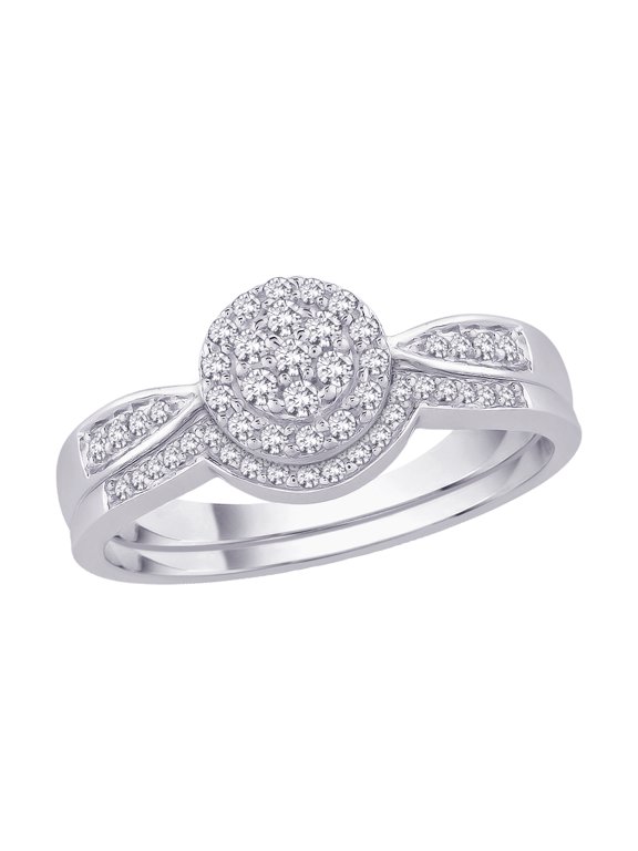 Cluster Halo Diamond Bridal Engagement Ring with Matching Shadow Band in 14K White Gold (1/3 cttw)