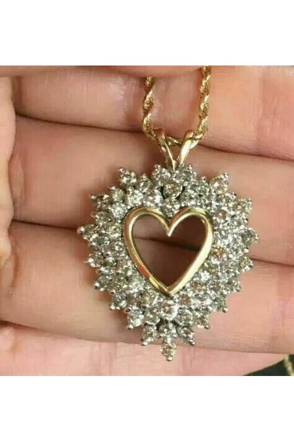 Cluster Heart Pendant 14K Yellow Gold Plated Silver 2.00Ct Round Cut Lab Created Diamond