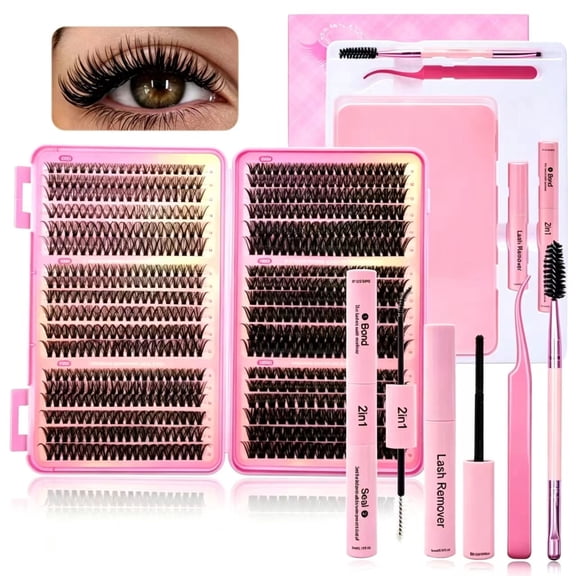 Cluster Lash Extension Kit for Beginners, 600 Pcs 916mm D Curl Mixed Volumes DIY Fake Eyelashes, 2in1 Lash Bond Seal, Lash Remover, Tweezers Brush Applicator Set, Reusable & Easy to Apply Remove