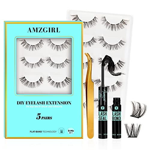 Cluster Lashes Kit AMZGIRL with 5 pairs EyeLash Clusters Wispy, Lash Bond and Seal, Eyelash