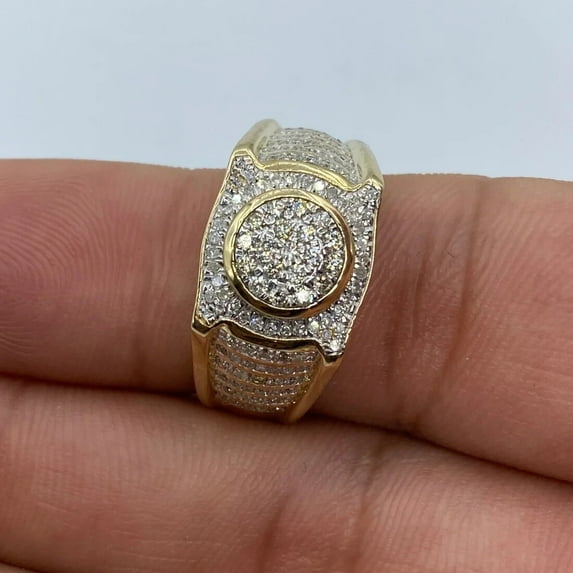 Cluster Men's Pinky Engagement Ring 14K Yellow Gold Plated Silver 3.00Ct Round Cut Natural Moissanite