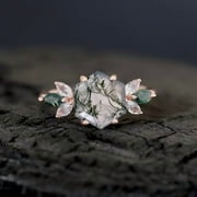 JEWELSBYASAILOR Cluster Moss Agate Engagement Ring Hexagon Cut Gemstone Bridal Ring Diamond Marquise Floral Ring Women Delicate Jewelry Gift For Girlfriend