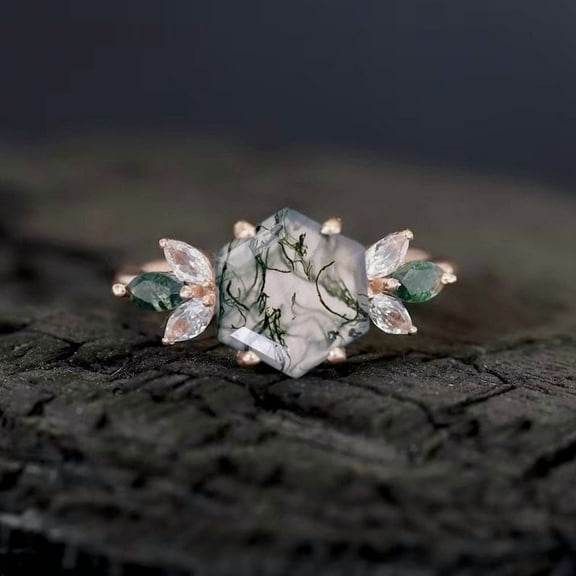 Cluster Moss Agate Engagement Ring Hexagon Cut Gemstone Bridal Ring Diamond Marquise Floral Ring Women Delicate Jewelry Gift For Girlfriend