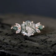 JEWELSBYASAILOR Cluster Moss Agate Engagement Ring Hexagon Cut Gemstone Bridal Ring Diamond Marquise Floral Ring Women Delicate Jewelry Gift For Girlfriend
