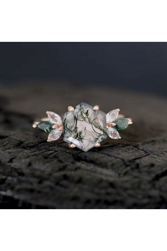 Cluster Moss Agate Engagement Ring Hexagon Cut Gemstone Bridal Ring Diamond Marquise Floral Ring Women Delicate Jewelry Gift For Girlfriend