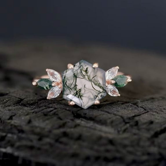 Cluster Moss Agate Engagement Ring Hexagon Cut Gemstone Bridal Ring Diamond Marquise Floral Ring Women Delicate Jewelry Gift For Girlfriend