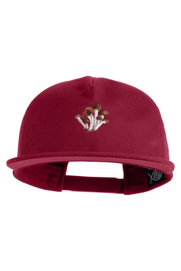 Cluster Mushroom Embroidered 5 Panel Cotton High Profile Flat Bill Unstructured Cap - Burgundy OSFM
