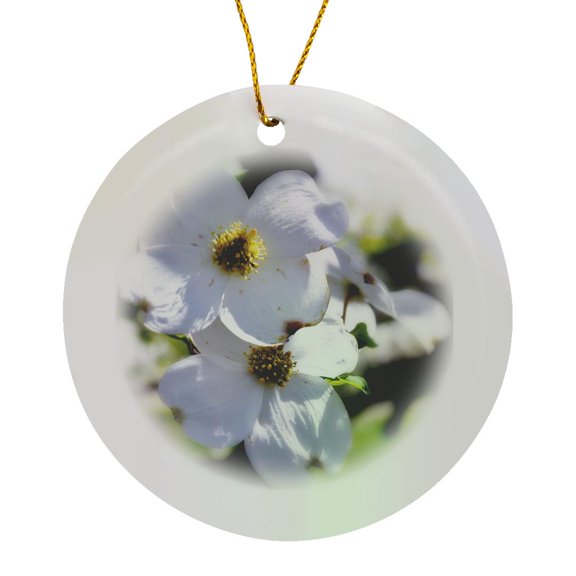 3drose, Cluster of Dogwood Blossoms with Blur Effect, Circle Porcelain Ornament