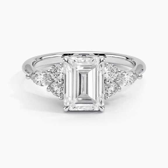 Cluster Promise Diamond Wedding Ring, 2.2 Ct Simulated Diamond, 14K White Gold Plated, Emerald Cut Pave Set Engagement Ring, Elegant Four Prongs Diamond Ring, Women Party Wear Solitaire Diamond Ring