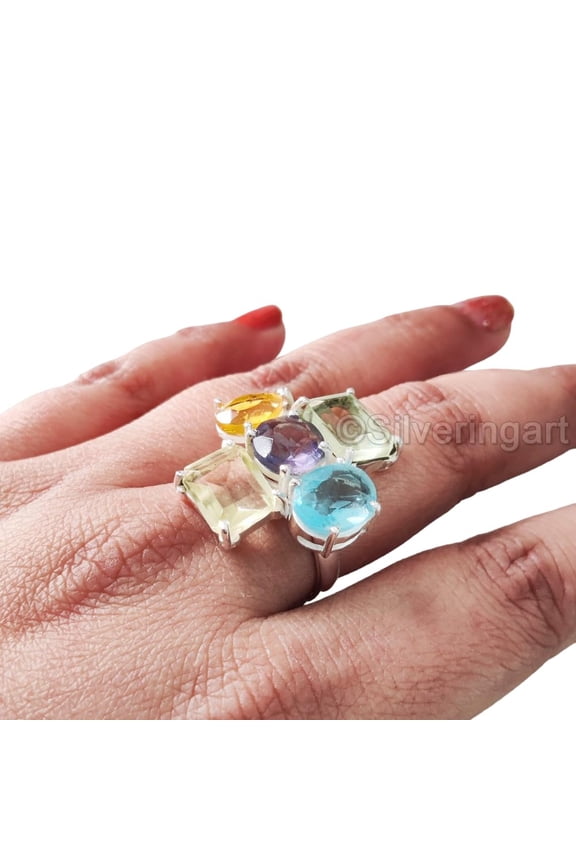 Cluster Ring, Natural Citrine, Amethyst, Lemon Topaz, Blue Topaz, Green Amethyst Gemstone Ring, Bohemian Ring, 925 Sterling Silver, Womens Ring, Christmas, Handmade, Statement Jewelry, Cocktail Ring