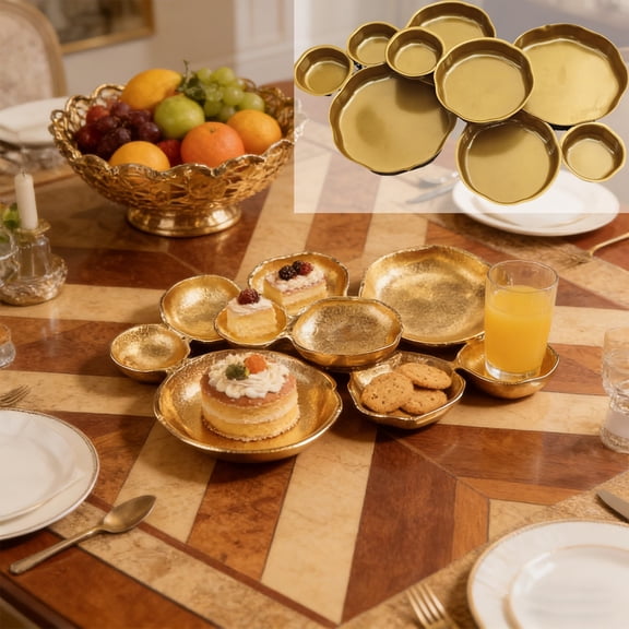 Cluster Serving Bowls, Gold Modular Relish Tray with Connecting Compartments, Metal Snack Appetizer Platter for Party Table Decoration, Luxury Centerpiece