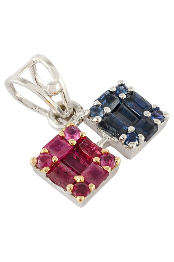 Cluster Setting Ruby Blue Sapphire Pendant In 14K White Gold- Daily Wear Pendant For Her