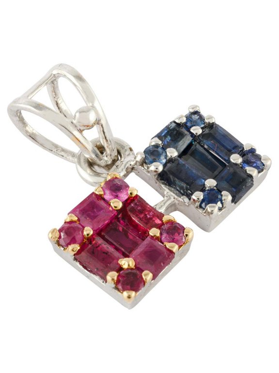 Cluster Setting Ruby Blue Sapphire Pendant In 14K White Gold- Daily Wear Pendant For Her