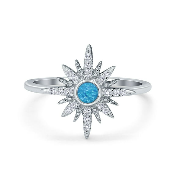 Cluster Starburst Opal Ring Round Lab Created Blue Opal 925 Sterling Silver Size 10