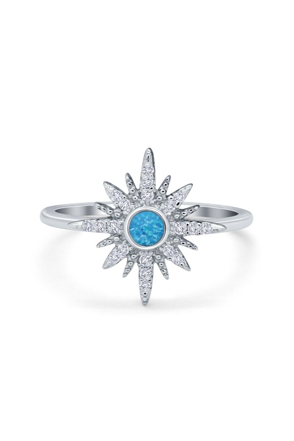 Cluster Starburst Opal Ring Round Lab Created Blue Opal 925 Sterling Silver Size 9