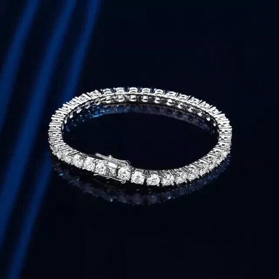 Cluster Tennis Bracelet For Men White Round Cut Diamond 14K White Gold Plated Silver