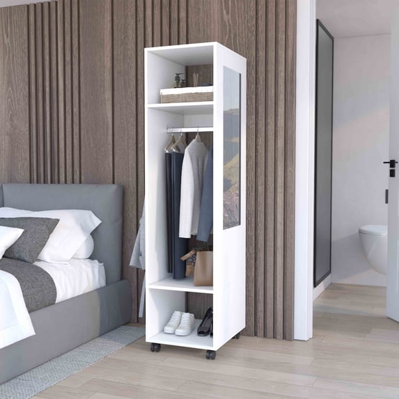 TUHOME Cluster 63-Inch Tall Open-Concept Wardrobe with Mirror, Three Storage Shelves,