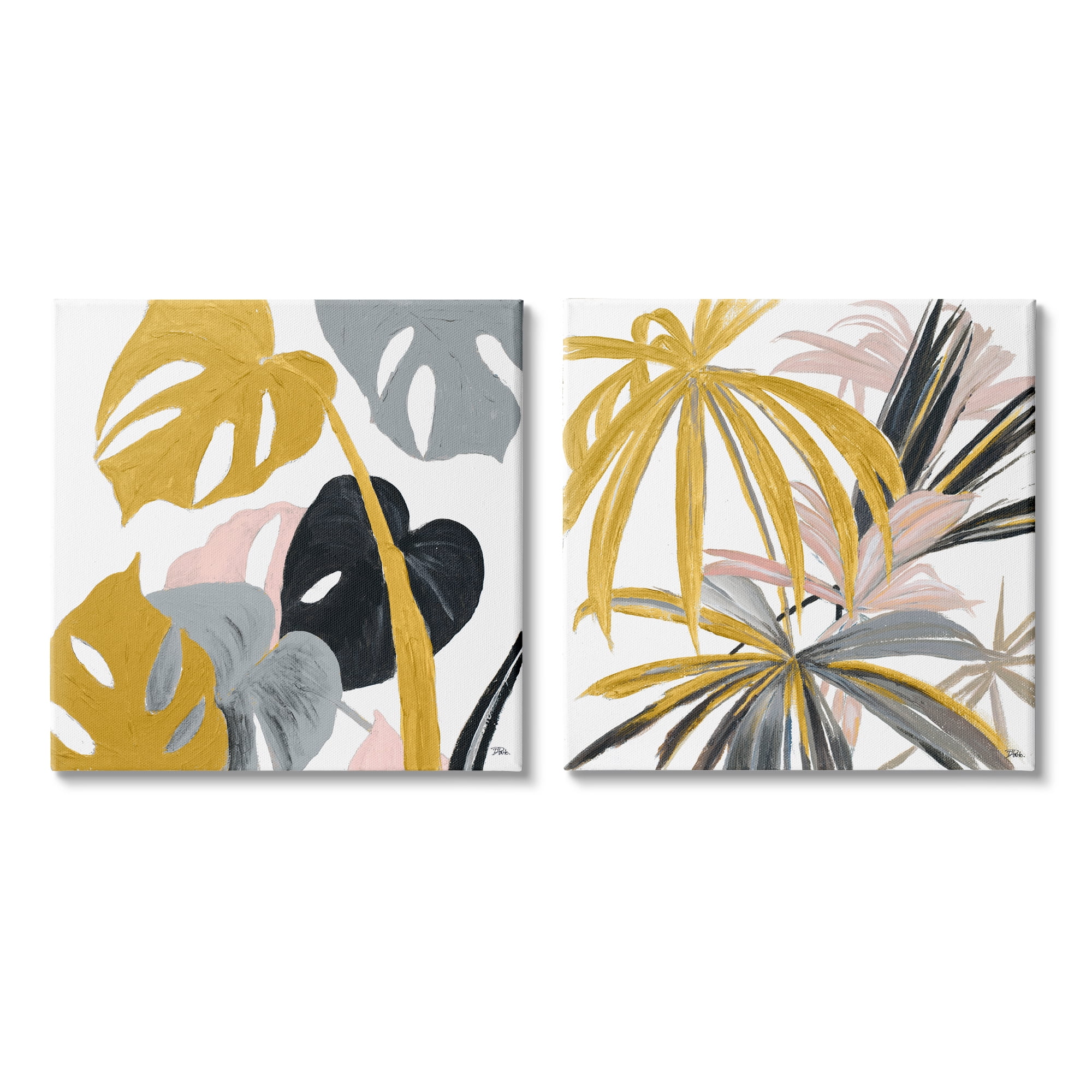 Clusters of Palm Leaves Yellow Pink Grey Botanical & Floral Gallery-Wrapped Canvas Print Wall Art, Set of 2, 17x17