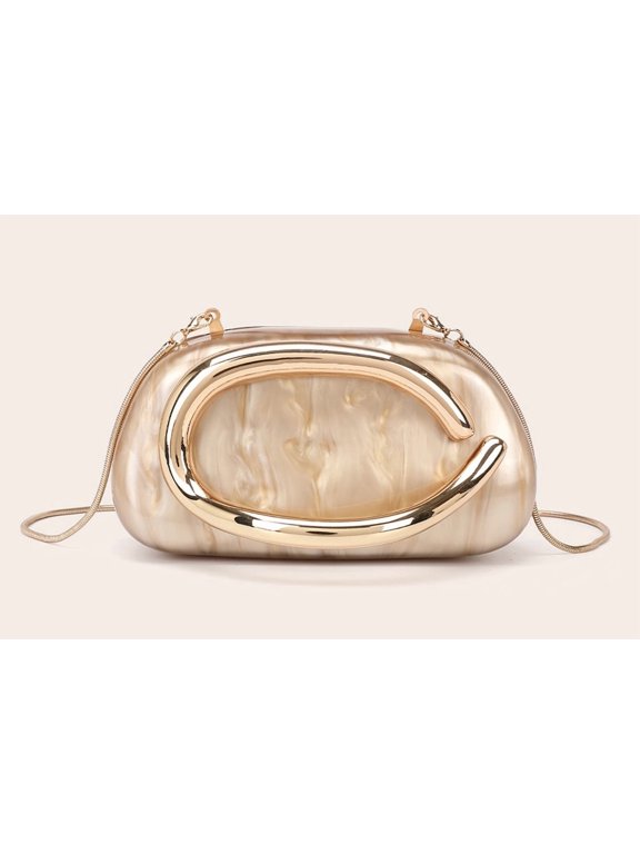Clutch Bag for Women with Removable Chain Modern Geometric Acrylic Shell Gold Hard Case Evening Purse