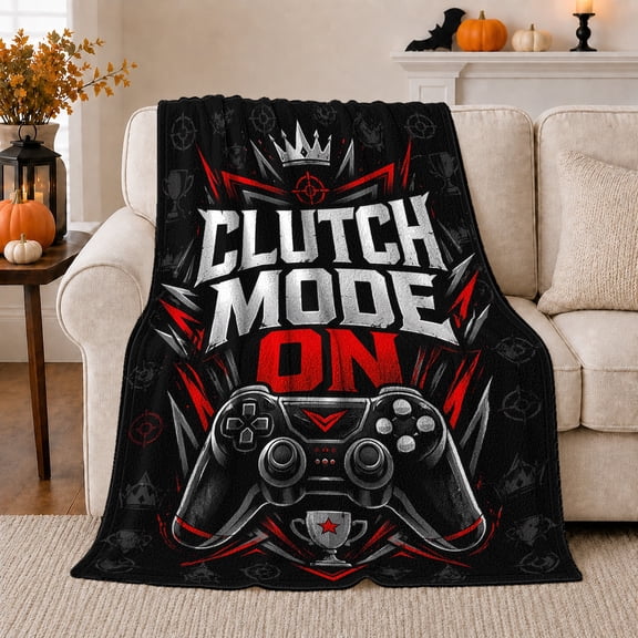 Clutch Mode On Gaming Controller Graphic, Bold Red Black Esports Victory Motif for Gamers, Birthday Gift, Cozy Flannel Blanket for Game Room and Dorm, Modern Home Decor