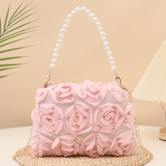 Clutch Purse For Women Elegant Evening Bags 3D Floral Satin Small Purse With Pearl Beaded Top Handle Detachable Strap