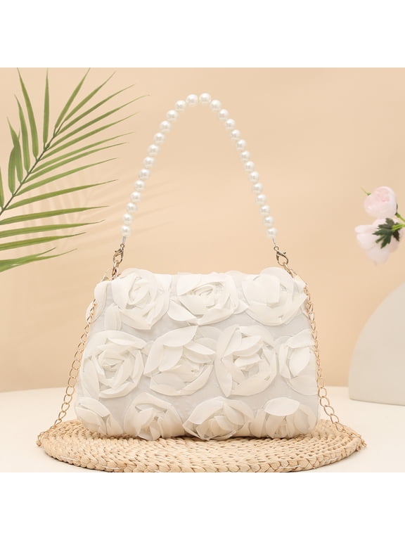 Clutch Purse For Women Elegant Evening Bags 3D Floral Satin Small Purse With Pearl Beaded Top Handle Detachable Strap