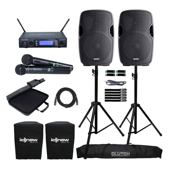 Clutch VIVA-DUAL Dual Channel Dual Handheld UHF Wireless System with (2) Gemini 15" Speakers Package