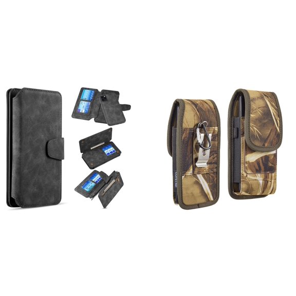 Clutch Wallet Detachable Case and Belt Holster Pouch for iPhone 14 (Black/Camo)