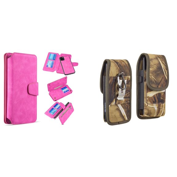Clutch Wallet Detachable Case and Belt Holster Pouch for iPhone 14 (Hot Pink/Camo)